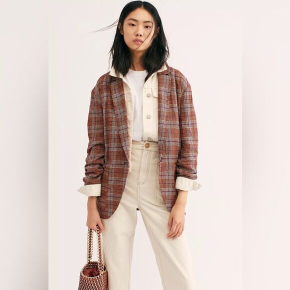 Free People Simply Plaid Blazer in Pomegranite Combo L NWOT - Picture 3 of 13